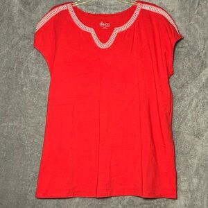 Denim & Co Denim & Company XL Shirt Top Red Solid Cap Short Sleeve Scoop Neck